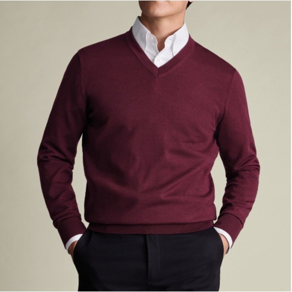 Croft & Barrow V-Neck Knit Sweater Mens L Burgundy Cotton Business Pull Over NEW